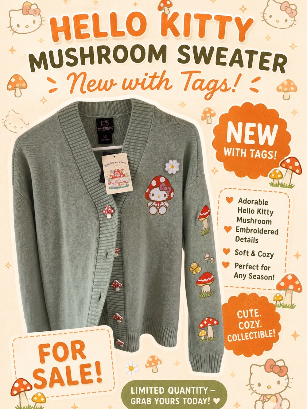 Hello Kitty Hot Topic Green Cardigan with Whimsical Embroidery. NWT🍄.